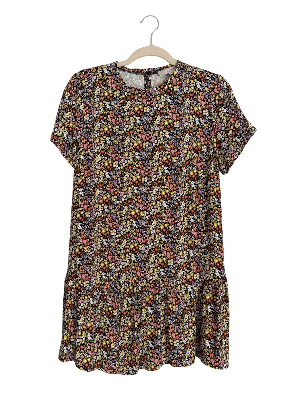 LOFT Black Floral Short Sleeve Tiered Dress